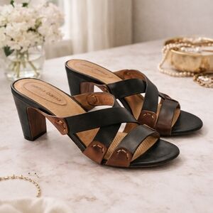 Corso Como Strappy Leather Heels Size 8 Black Brown Slip On Heeled Sandals